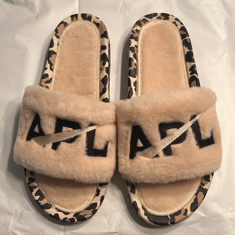 Apl Tan & Black Shearling Slip On Slides(Size 9) - image 2